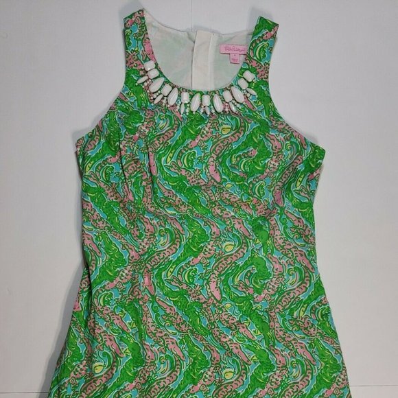 Lilly Pulitzer Dresses & Skirts - Lilly Pulitzer Green Pink Alligator Print Beaded Dress Size 4 Pink Label scallop
